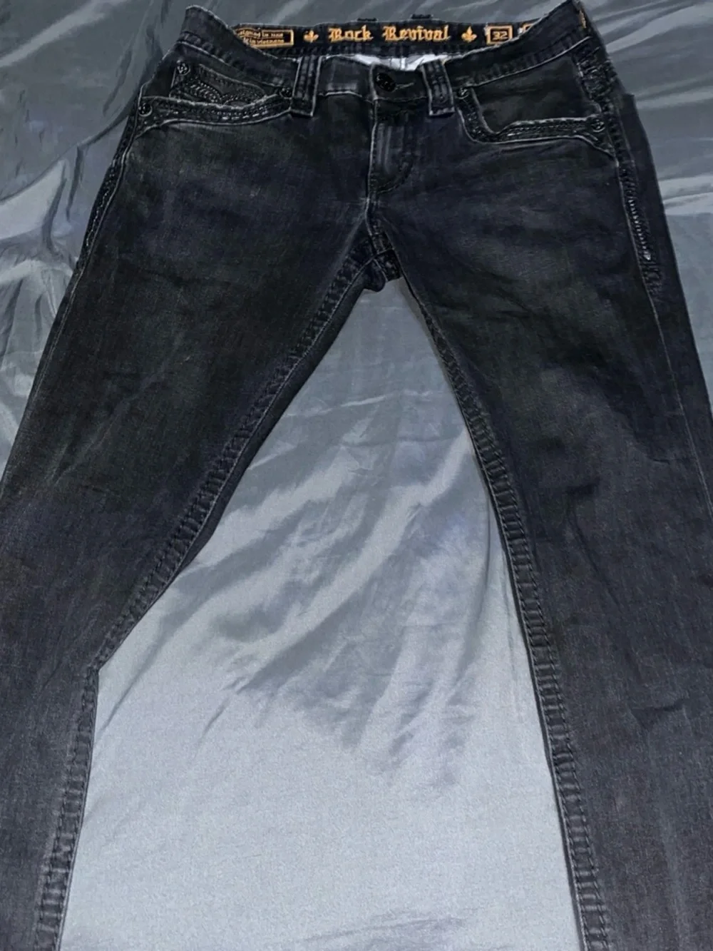 Rock Revival Slim Straight Jeans in Washed Black with Silver Accents